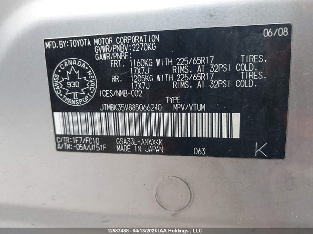 Auction sale of the 2008 Toyota Rav4, vin: JTMBK35V885066240, lot number: 12587488