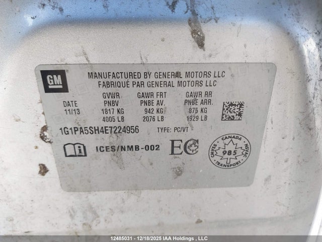 Aukcja sprzedaży 2014 Chevrolet Cruze 1ls, vin: 1G1PA5SH4E7224956, numer aukcji: 12485031