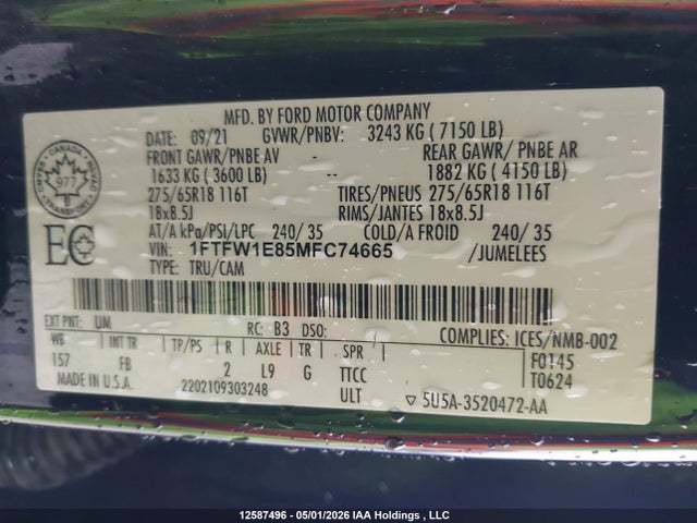 Продаж на аукціоні авто 2021 Ford F150 Supercrew, vin: 1FTFW1E85MFC74665, номер лоту: 12587496