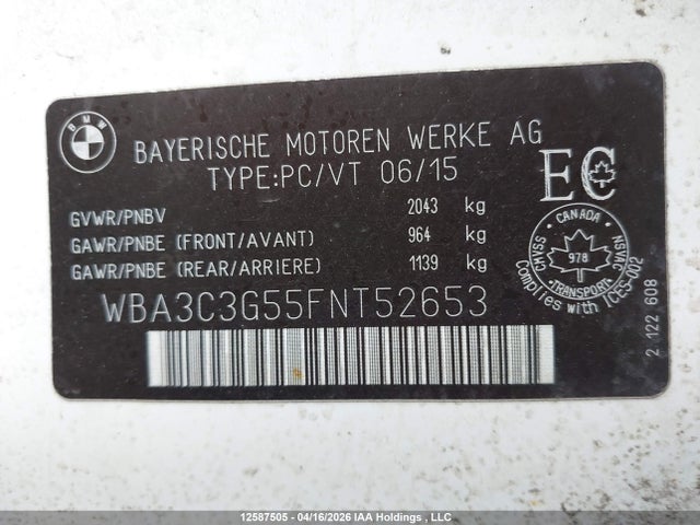 Aukcja sprzedaży 2015 Bmw 320i Xdrive, vin: WBA3C3G55FNT52653, numer aukcji: 12587505