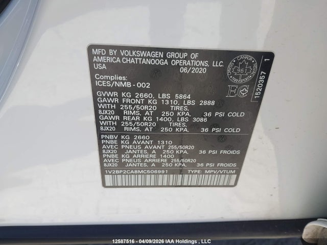 12587516 :رقم المزاد ، 1V2BP2CA8MC506991 vin ، 2021 Volkswagen Atlas Sel مزاد بيع