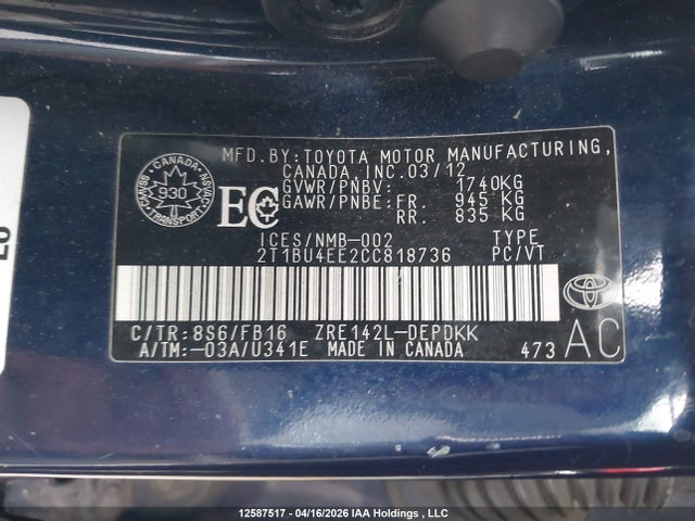 12587517 :رقم المزاد ، 2T1BU4EE2CC818736 vin ، 2012 Toyota Corolla Ce مزاد بيع
