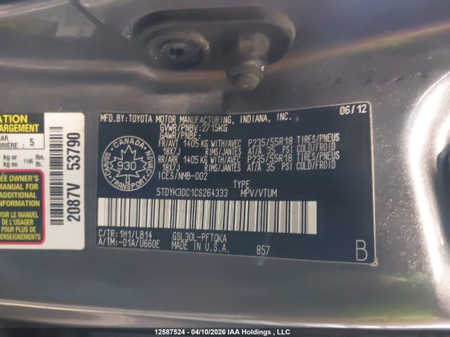 12587524 :رقم المزاد ، 5TDYK3DC1CS264333 vin ، 2012 Toyota Sienna Xle/limited مزاد بيع