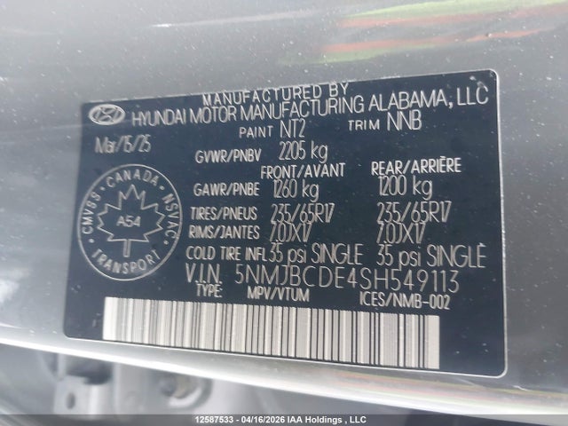 Aukcja sprzedaży 2025 Hyundai Tucson, vin: 5NMJBCDE4SH549113, numer aukcji: 12587533