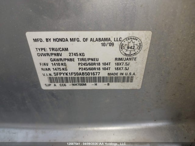 2010 Honda Ridgeline Rtl მანქანა იყიდება აუქციონზე, vin: 5FPYK1F59AB501677, აუქციონის ნომერი: 12587541