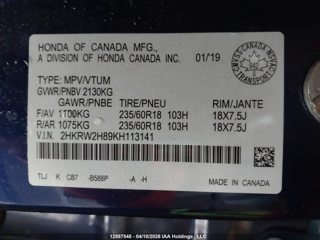 Aukcja sprzedaży 2019 Honda Cr-v Ex-l, vin: 2HKRW2H89KH113141, numer aukcji: 12587548