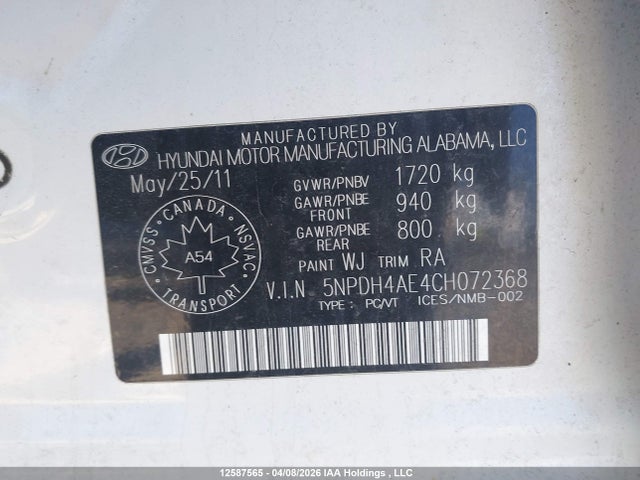 Aukcja sprzedaży 2012 Hyundai Elantra Gls/limited, vin: 5NPDH4AE4CH072368, numer aukcji: 12587565