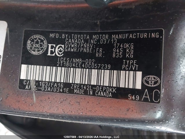 12587569 :رقم المزاد ، 2T1BU4EE4DC057239 vin ، 2013 Toyota Corolla S/le مزاد بيع