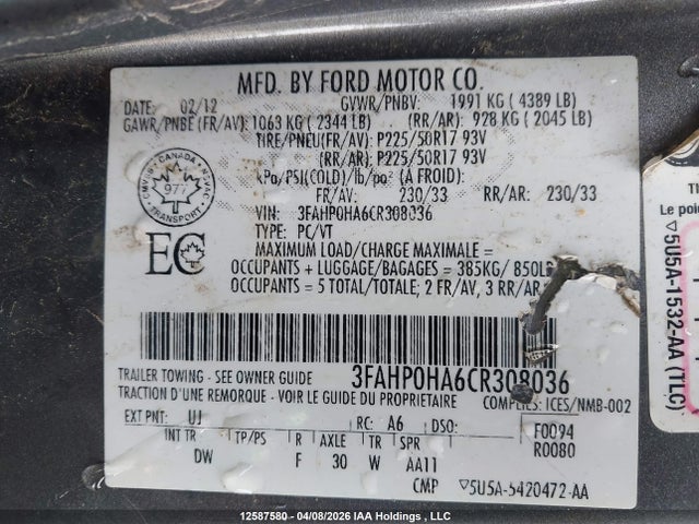 Продажа на аукционе авто 2012 Ford Fusion Se, vin: 3FAHP0HA6CR308036, номер лота: 12587580
