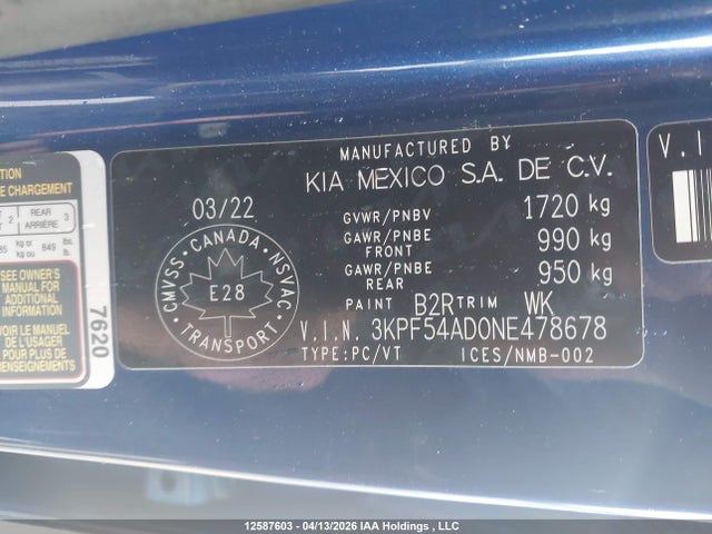 12587603 :رقم المزاد ، 3KPF54AD0NE478678 vin ، 2022 Kia Forte Ex/ex Premium/gt-line مزاد بيع