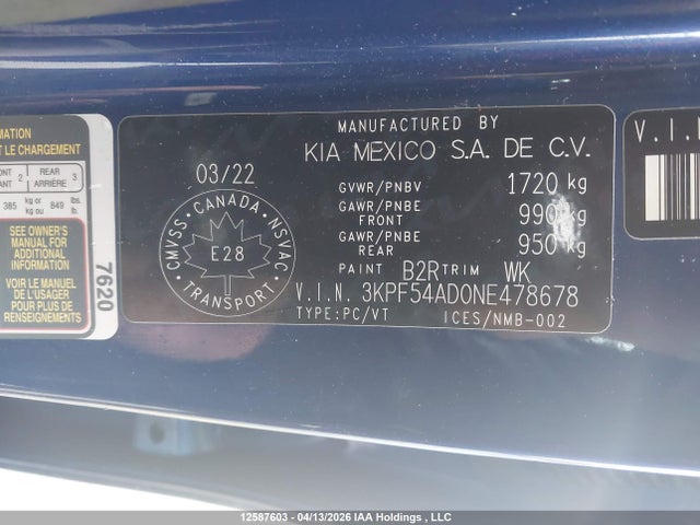 12587603 :رقم المزاد ، 3KPF54AD0NE478678 vin ، 2022 Kia Forte Ex/ex Premium/gt-line مزاد بيع