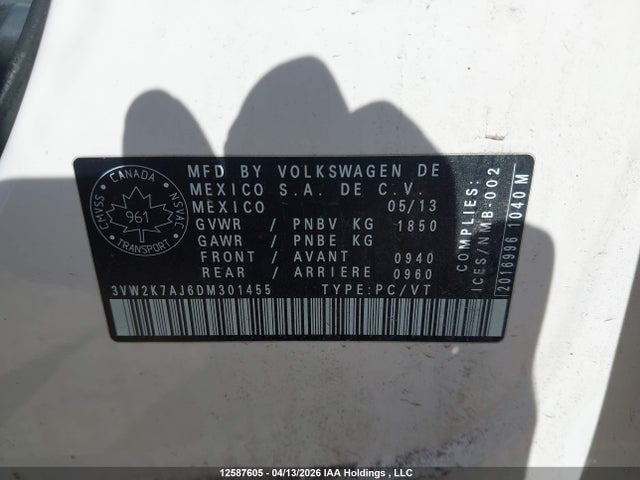 Aukcja sprzedaży 2013 Volkswagen Jetta, vin: 3VW2K7AJ6DM301455, numer aukcji: 12587605
