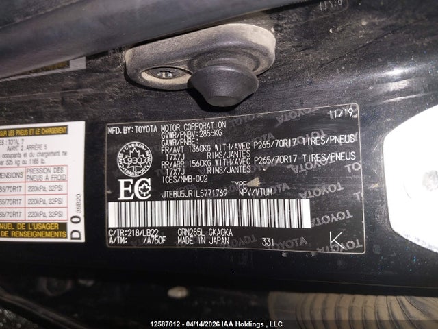 JTEBU5JR1L5771769 Toyota 4runner Sr5/sr5 Premium/venture/limited/night Shade/trd Off Road/trd Off Road Premium/trd Pro