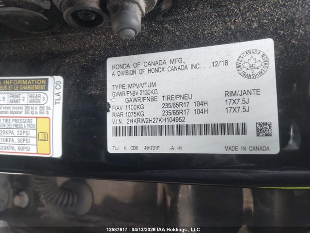 Aukcja sprzedaży 2019 Honda Cr-v, vin: 2HKRW2H27KH104952, numer aukcji: 12587617