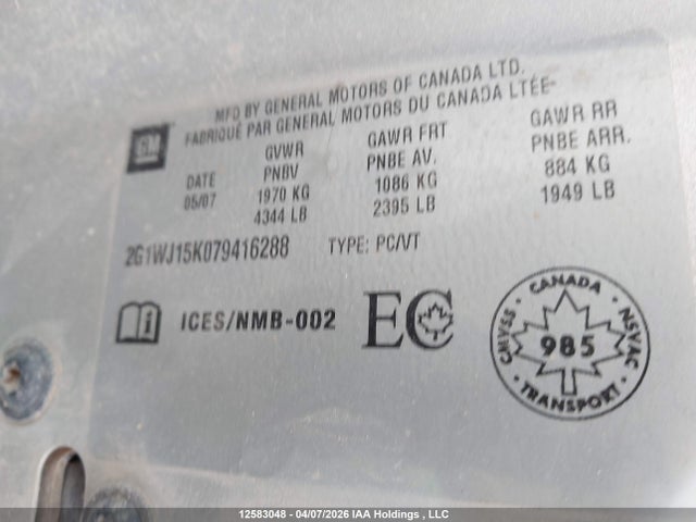 2007 Chevrolet Monte Carlo Ls მანქანა იყიდება აუქციონზე, vin: 2G1WJ15K079416288, აუქციონის ნომერი: 12583048