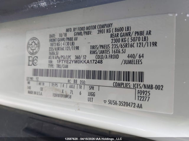 2019 Ford Transit T-150 მანქანა იყიდება აუქციონზე, vin: 1FTYE2YM0KKA17248, აუქციონის ნომერი: 12587628