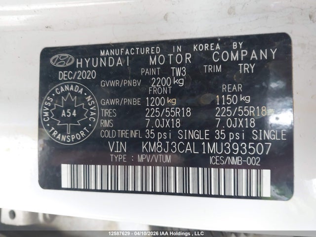 2021 Hyundai Tucson Limited/sel/sport/ultimate/value მანქანა იყიდება აუქციონზე, vin: KM8J3CAL1MU393507, აუქციონის ნომერი: 12587629