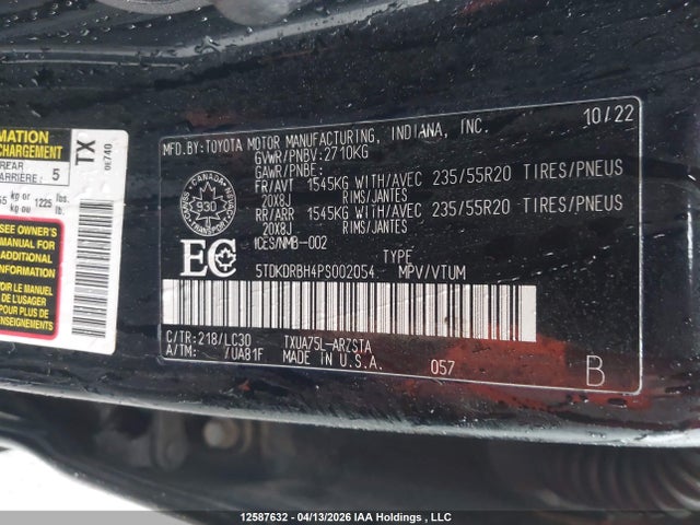 12587632 :رقم المزاد ، 5TDKDRBH4PS002054 vin ، 2023 Toyota Highlander L/le/xle/limited/platinum/xse مزاد بيع