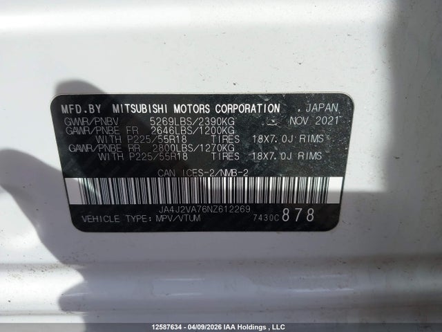 2022 Mitsubishi Outlander Phev Black Edition/gt/le/se მანქანა იყიდება აუქციონზე, vin: JA4J2VA76NZ612269, აუქციონის ნომერი: 12587634