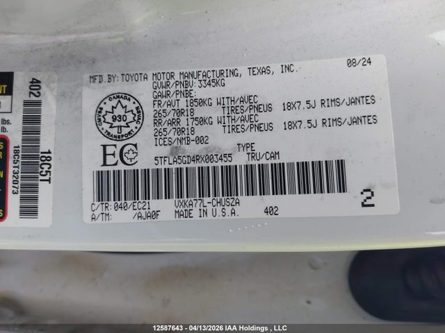Auction sale of the 2024 Toyota Tundra, vin: 5TFLA5GD4RX003455, lot number: 12587643