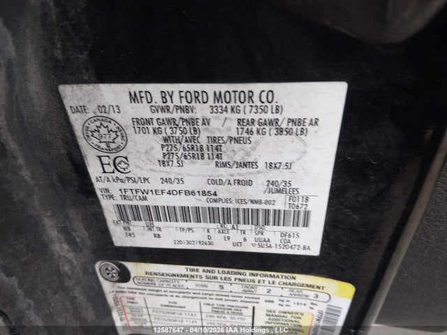 12587647 :رقم المزاد ، 1FTFW1EF4DFB61854 vin ، 2013 Ford F150 Supercrew مزاد بيع