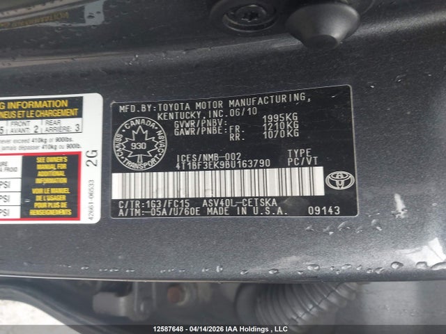 12587648 :رقم المزاد ، 4T1BF3EK9BU163790 vin ، 2011 Toyota Camry Se مزاد بيع