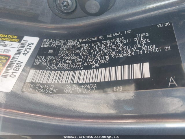 Продажа на аукционе авто 2009 Toyota Sienna Le V6, vin: 5TDZK23C59S277773, номер лота: 12587675