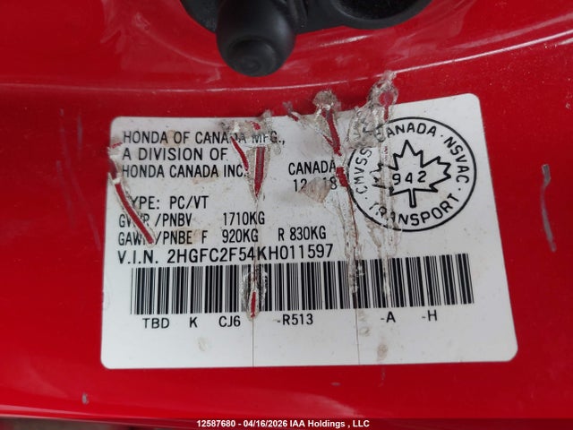 Honda Civic Lx 2019 2HGFC2F54KH011597 Image 9