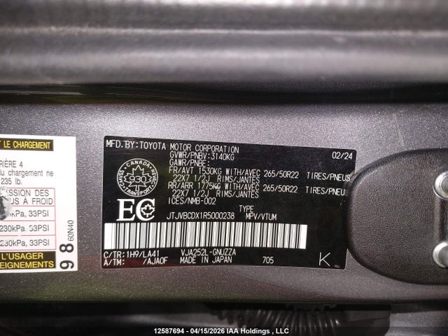 12587694 :رقم المزاد ، JTJVBCDX1R5000238 vin ، 2024 Lexus Gx 550 مزاد بيع