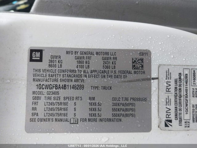 2011 Chevrolet Express 2500 Work Van მანქანა იყიდება აუქციონზე, vin: 1GCWGFBA4B1148289, აუქციონის ნომერი: 12587713