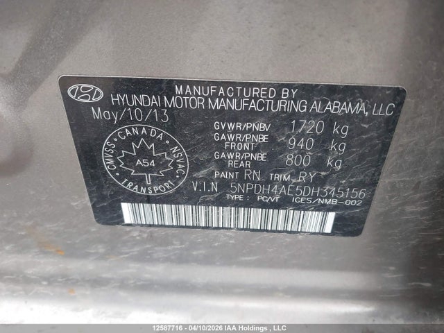 Продаж на аукціоні авто 2013 Hyundai Elantra Limited, vin: 5NPDH4AE5DH345156, номер лоту: 12587716