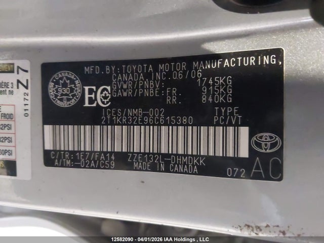 12582090 :رقم المزاد ، 2T1KR32E96C615380 vin ، 2006 Toyota Matrix Xr/xrs مزاد بيع