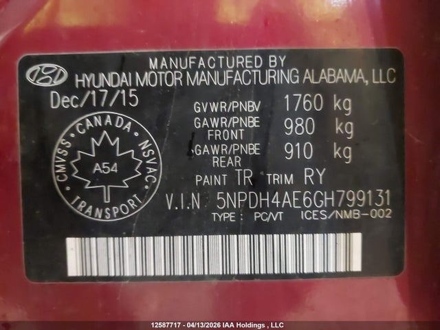 12587717 :رقم المزاد ، 5NPDH4AE6GH799131 vin ، 2016 Hyundai Elantra Se/sport/limited مزاد بيع