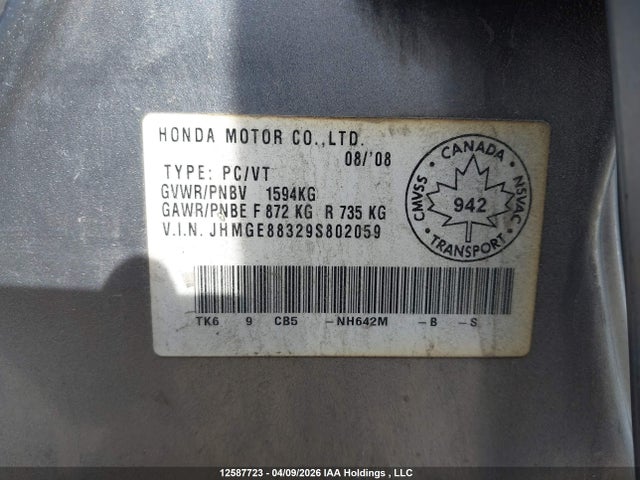 Aukcja sprzedaży 2009 Honda Fit Dx-a, vin: JHMGE88329S802059, numer aukcji: 12587723