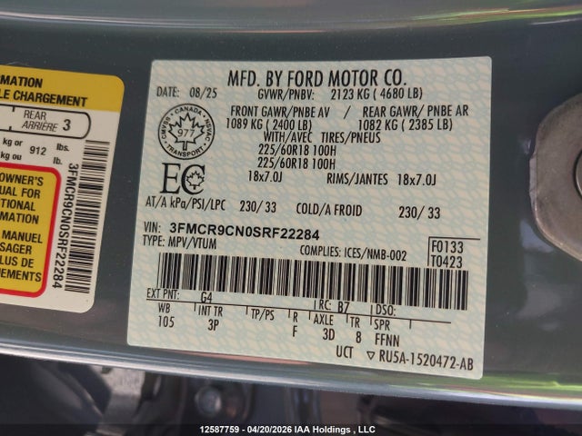 Продажа на аукционе авто 2025 Ford Bronco Sport Outer Banks, vin: 3FMCR9CN0SRF22284, номер лота: 12587759