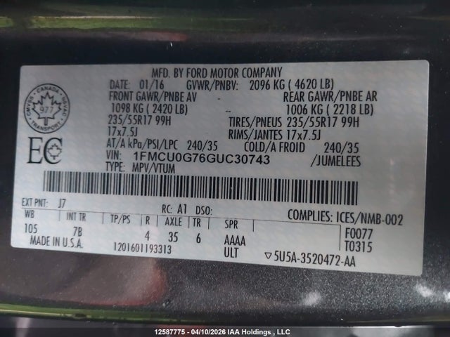 Продажа на аукционе авто 2016 Ford Escape Se, vin: 1FMCU0G76GUC30743, номер лота: 12587775