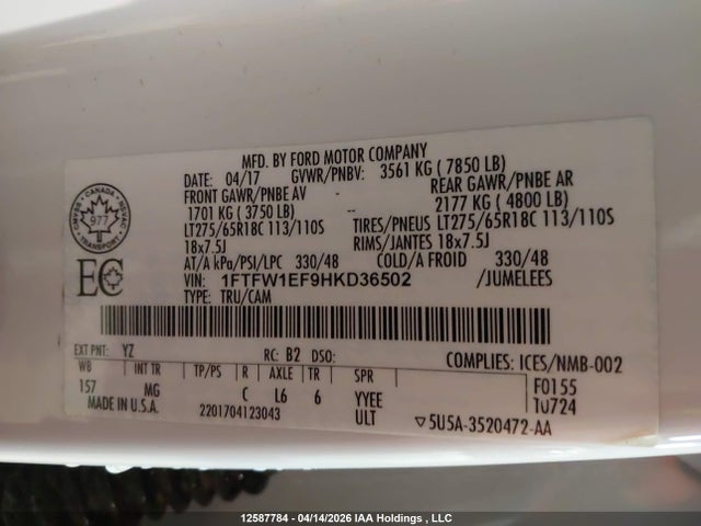 Продажа на аукционе авто 2017 Ford F-150, vin: 1FTFW1EF9HKD36502, номер лота: 12587784