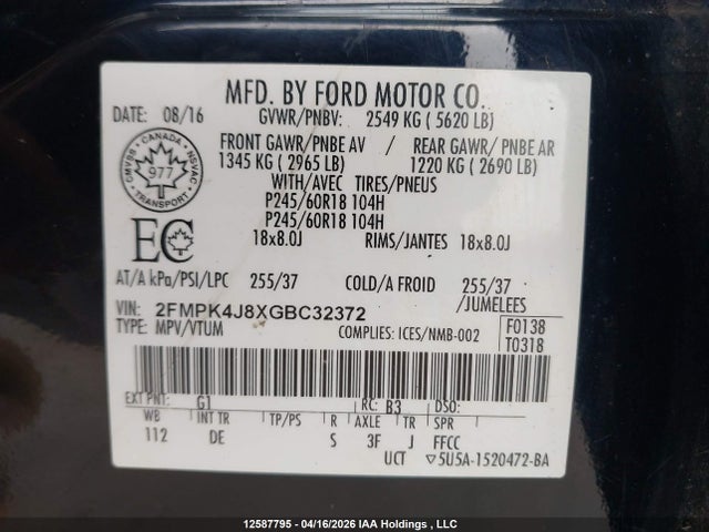 Продажа на аукционе авто 2016 Ford Edge Sel, vin: 2FMPK4J8XGBC32372, номер лота: 12587795