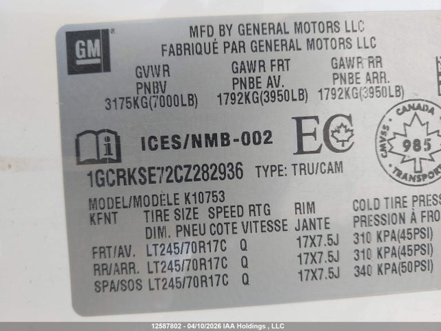 Aukcja sprzedaży 2012 Chevrolet Silverado K1500 Lt, vin: 1GCRKSE72CZ282936, numer aukcji: 12587802