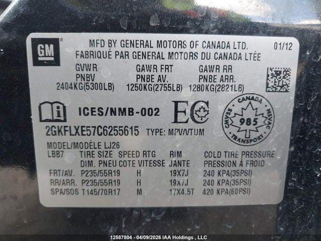 Aukcja sprzedaży 2012 Gmc Terrain Slt, vin: 2GKFLXE57C6255615, numer aukcji: 12587804