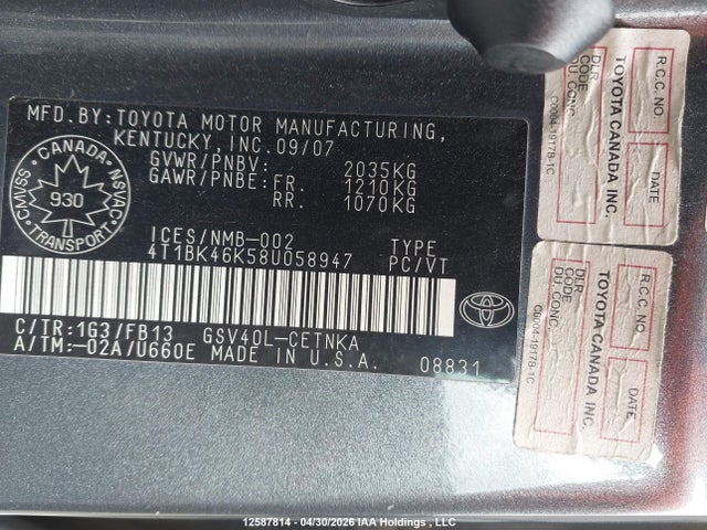 12587814 :رقم المزاد ، 4T1BK46K58U058947 vin ، 2008 Toyota Camry مزاد بيع