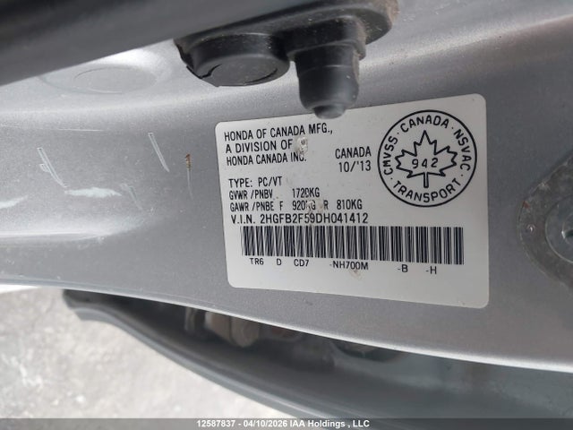 2013 Honda Civic Ex 4dr მანქანა იყიდება აუქციონზე, vin: 2HGFB2F59DH041412, აუქციონის ნომერი: 12587837