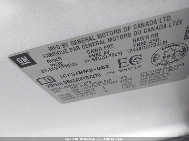 2012 Chevrolet Equinox Lt მანქანა იყიდება აუქციონზე, vin: 2GNALDEK5C6157278, აუქციონის ნომერი: 12587840