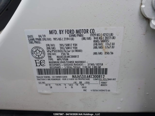 MAJ6S3JL6KC300812 Ford Ecosport Ses