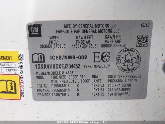 1GNKVHKDXEJ204452 Chevrolet Traverse Lt