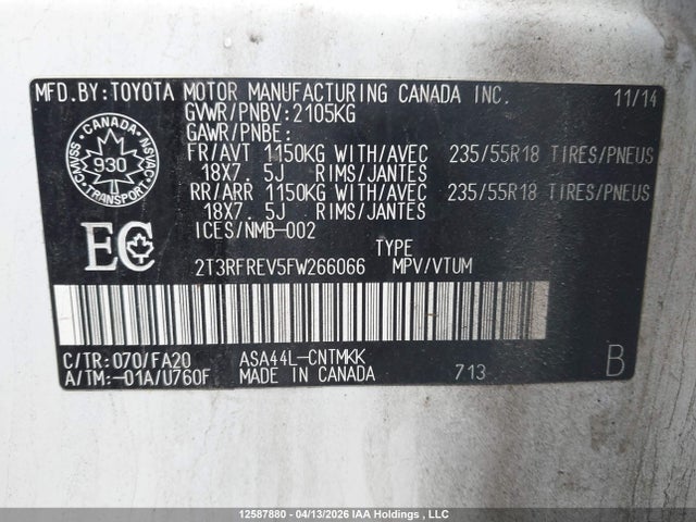 2015 Toyota Rav4 Xle მანქანა იყიდება აუქციონზე, vin: 2T3RFREV5FW266066, აუქციონის ნომერი: 12587880