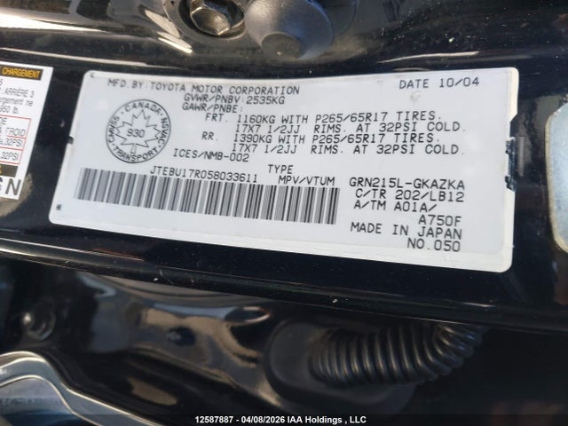 Aukcja sprzedaży 2005 Toyota 4runner Limited V6, vin: JTEBU17R058033611, numer aukcji: 12587887