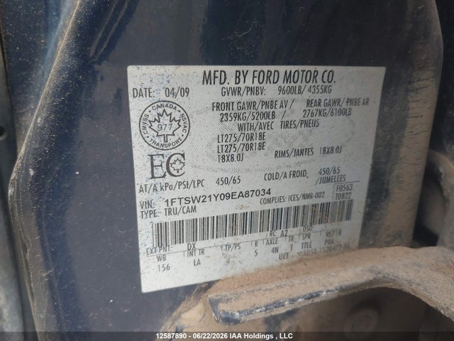 12587890 :رقم المزاد ، 1FTSW21Y09EA87034 vin ، 2009 Ford F-250 Fx4 مزاد بيع