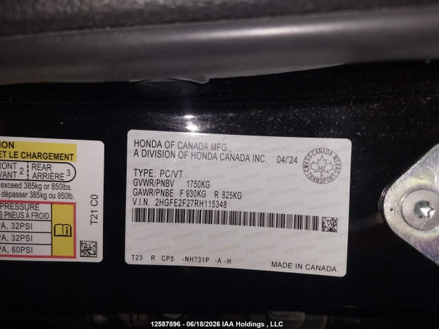 Продаж на аукціоні авто 2024 Honda Civic Lx, vin: 2HGFE2F27RH115348, номер лоту: 12587896