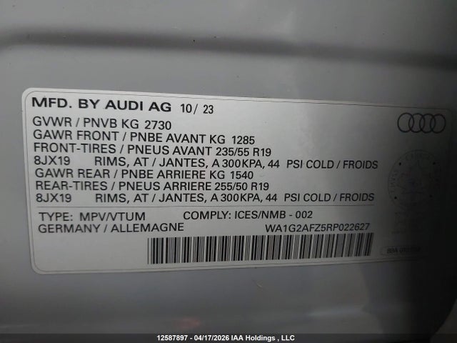 12587897 :رقم المزاد ، WA1G2AFZ5RP022627 vin ، 2024 Audi Q4 E-tron مزاد بيع